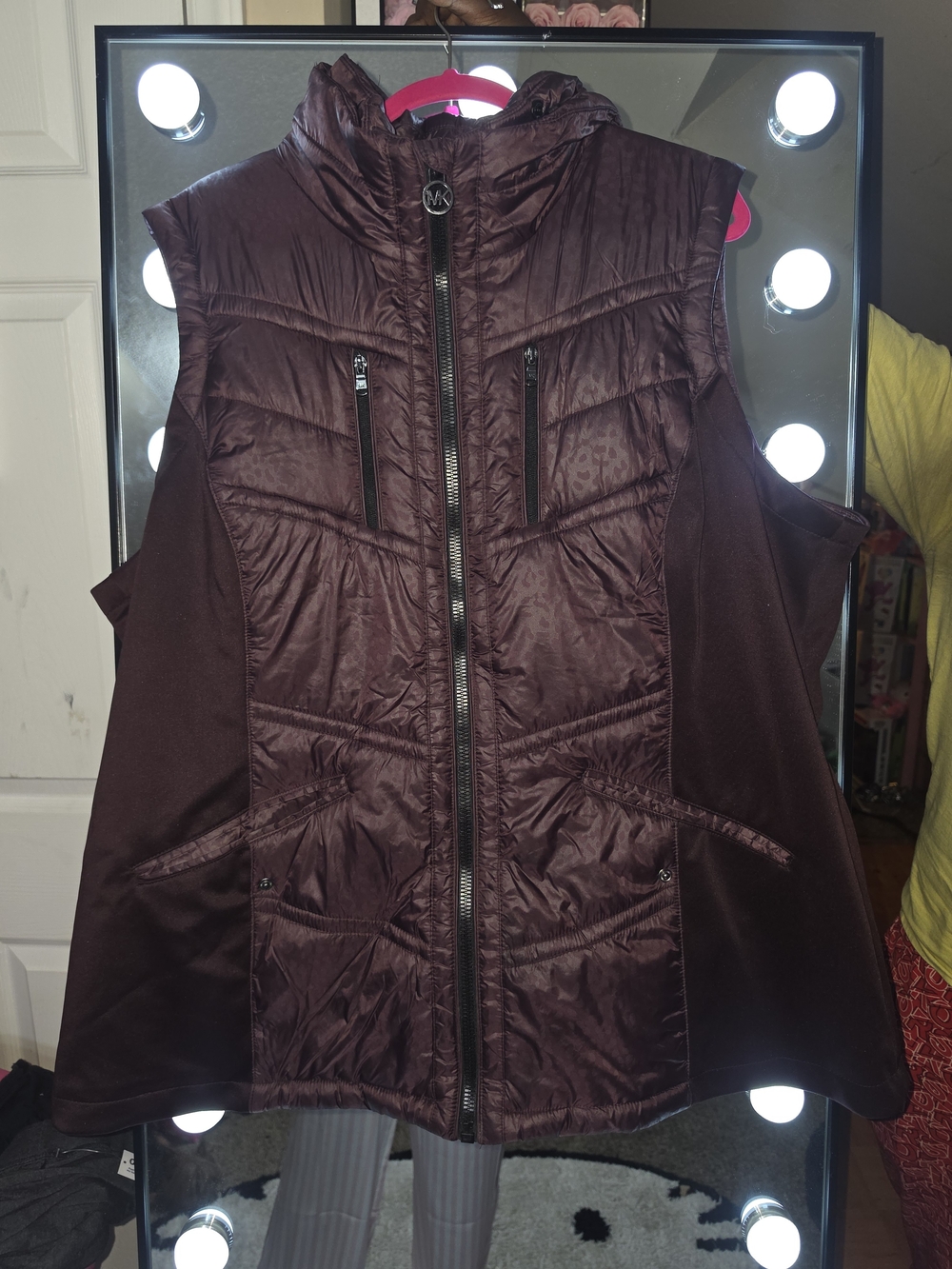 Michael Kors Hooded Quilted Vest in Burgundy Leopard